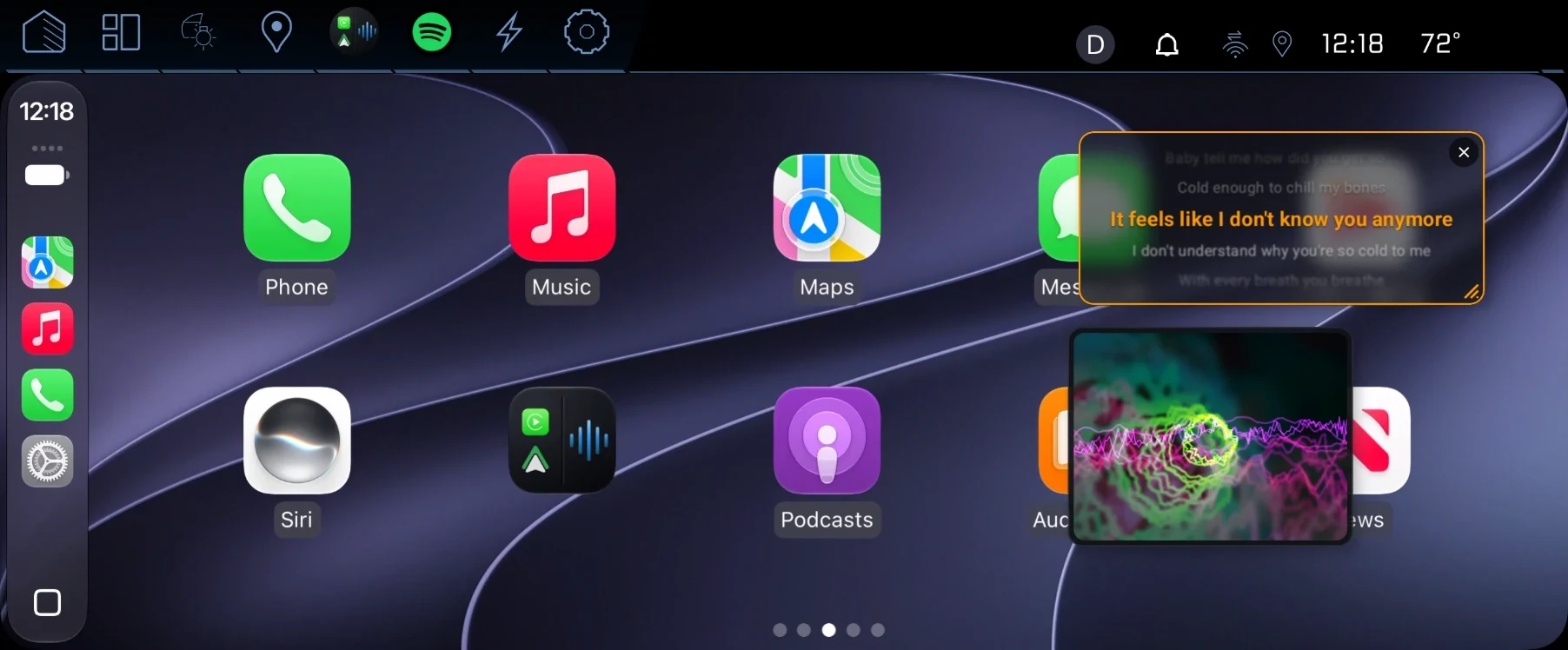 Resized lyrics card and visualizer card floating over the CarPlay home screen