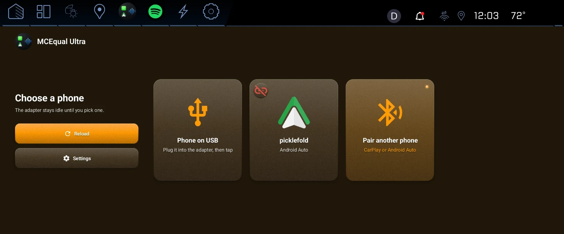Choose a phone screen with cards for a USB phone, a paired Android phone and pairing a new phone
